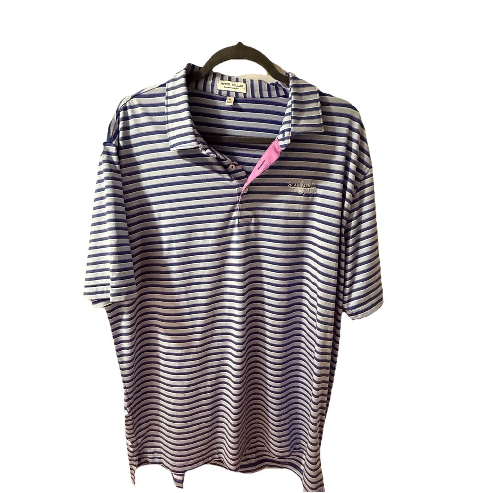 Peter Millar Summer Comfort Golf Shirt Polo Slammer Squire Logo XL Blue Stripe